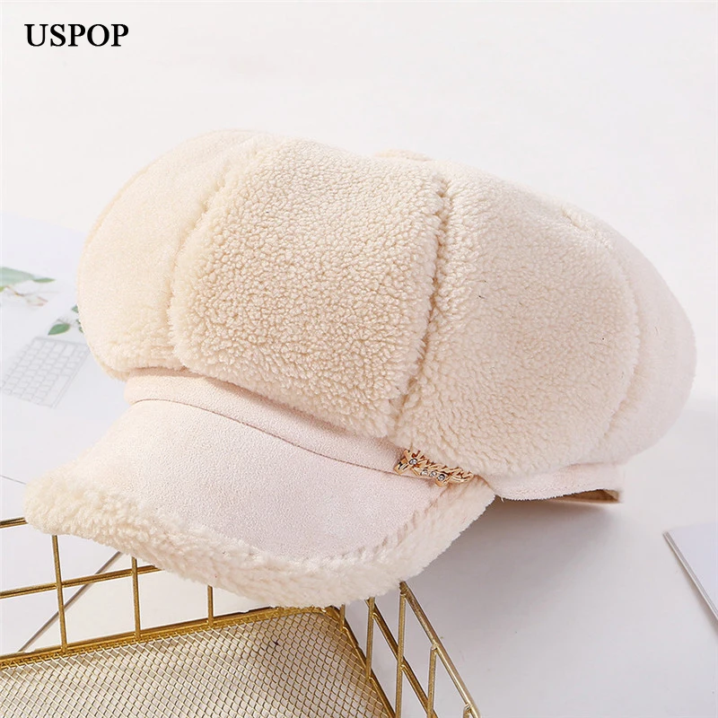 Женская восьмиугольная шапка USPOP модная теплая из овечьей шерсти однотонная для