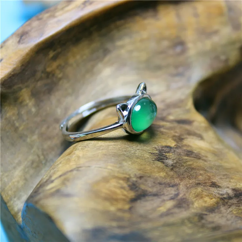 Liemjee модные ювелирные изделия зеленый агат посеребренные кошачьи уши кольцо для
