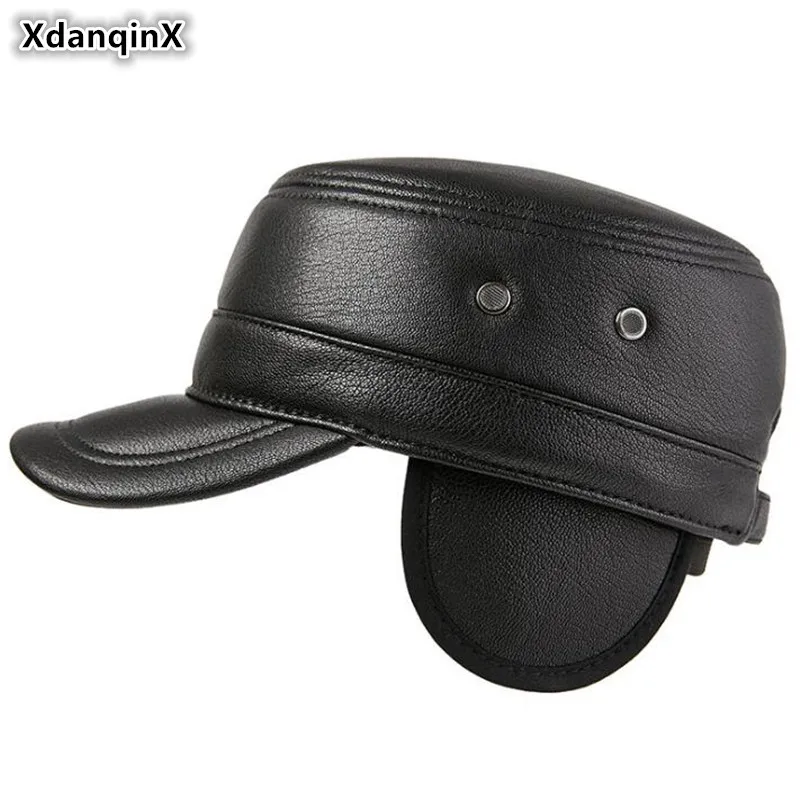 

XdanqinX Genuine Leather Hat Men's Flat Cap Military Hats Autumn Cowhide Tongue Cap Snapback Cap Adjustable Size Men Brands Caps