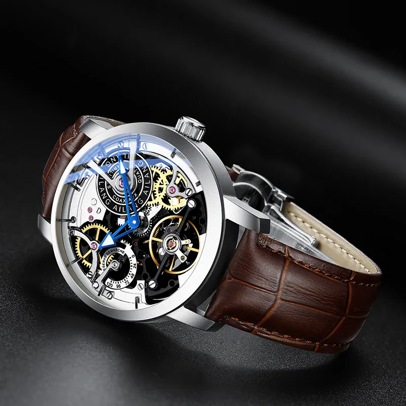 AILANG Fashion Tourbillon Hollow Waterproof Watch Men Black Full Steel Luminous Steampunk Skeleton Mechanical Watches For Mens