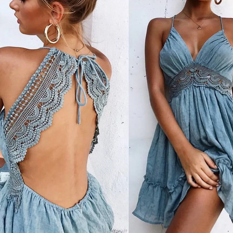 

Sexy Deep V Neck Lace Hollow Out Backless Spaghetti Strap Sleeveless Mini Dress For Women Summer 2021 Causal Holiday Vestidos