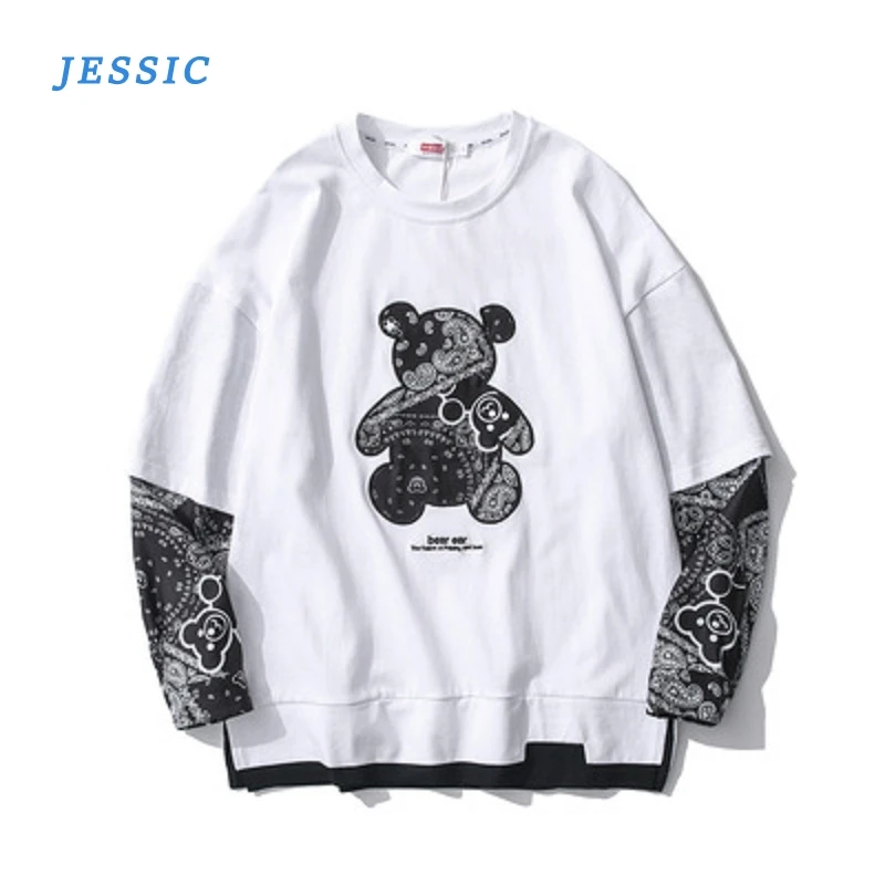

JESSIC 2021 Flower Bear Japanese T-shirt For Men And Women Bf Western Style Ins Casual Long-sleeved T-shirt Couple Jacket
