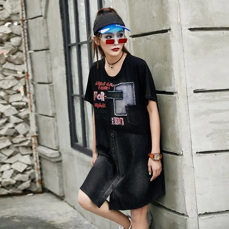 

Oversize Summer New Womens Knitted Denim Patchwork Loose Patchs Designs Embroidery Female Short Sleeve O-Neck Dresses