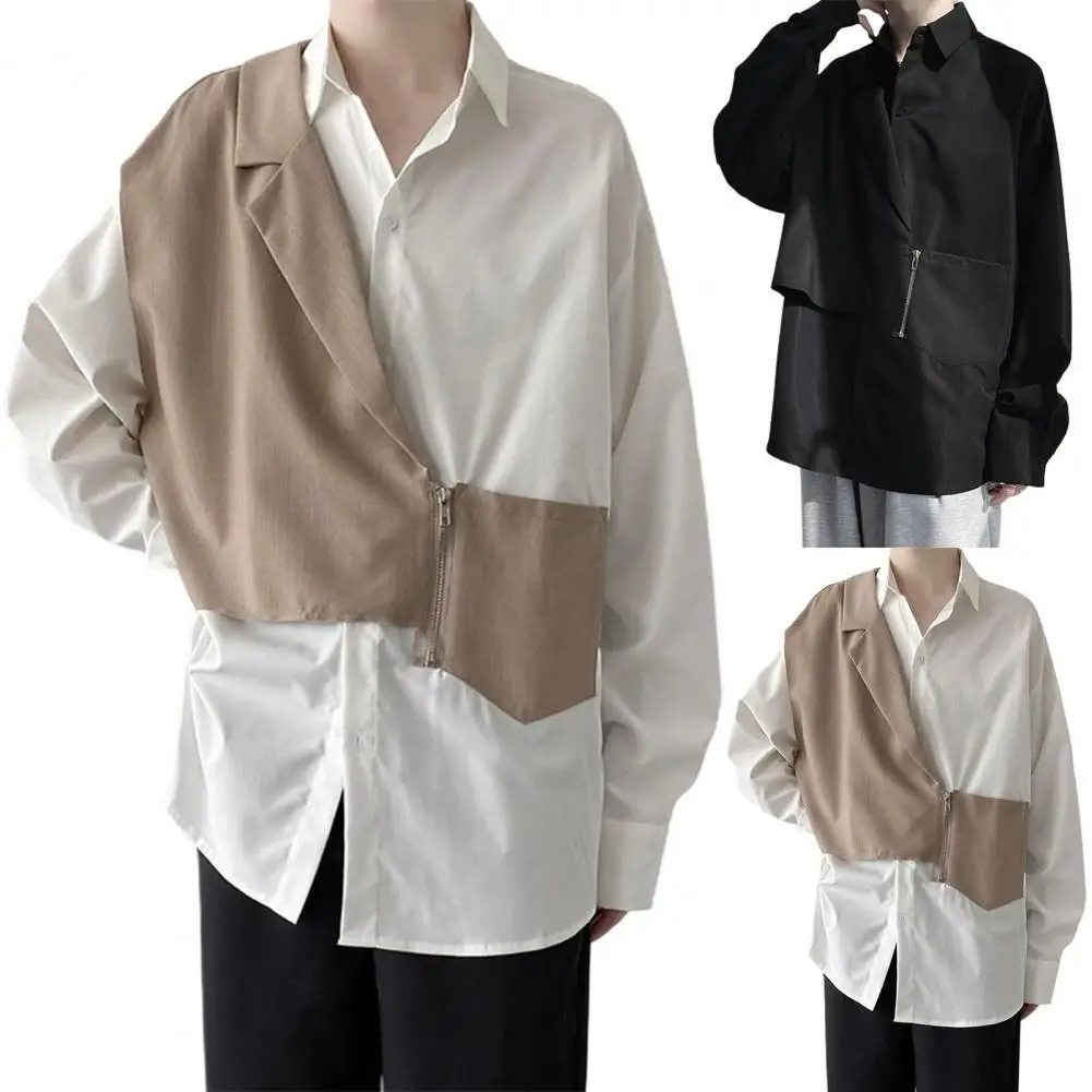 

Dropshipping!!Men Shirt Turn-down Collar Zipper Casual Single-breasted Fake Two Pieces for Autumn
