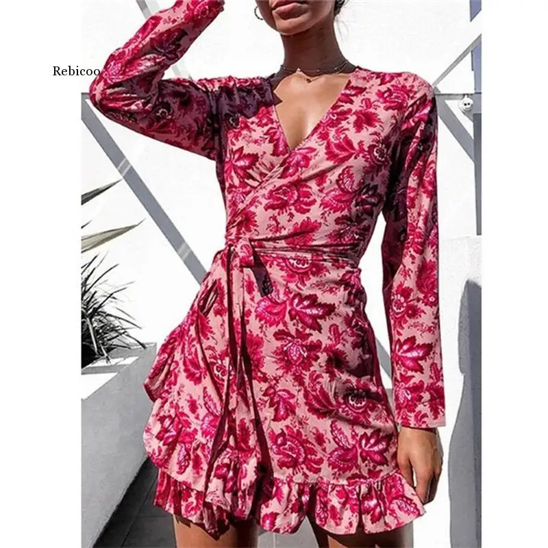 Платье женское ТРАПЕЦИЕВИДНОЕ с цветочным принтом, V-образным вырезом и оборками, винтажное, с длинным рукавом