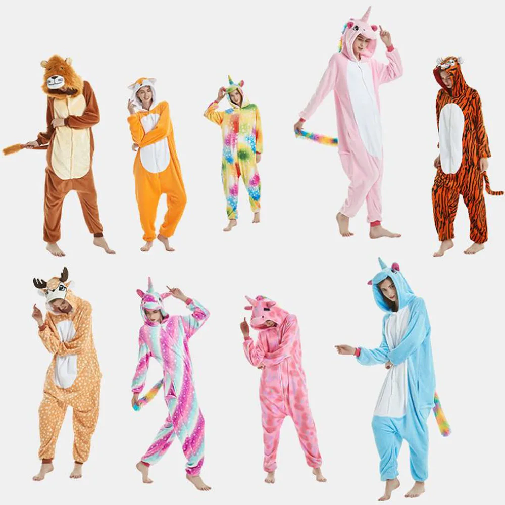 

Adults Unicorn Animal Pajamas Cartoon Sleepwear Pyjamas Sets Stitch Shark Kigurumi Unicornio Women Men pijamas Flannel Hooded