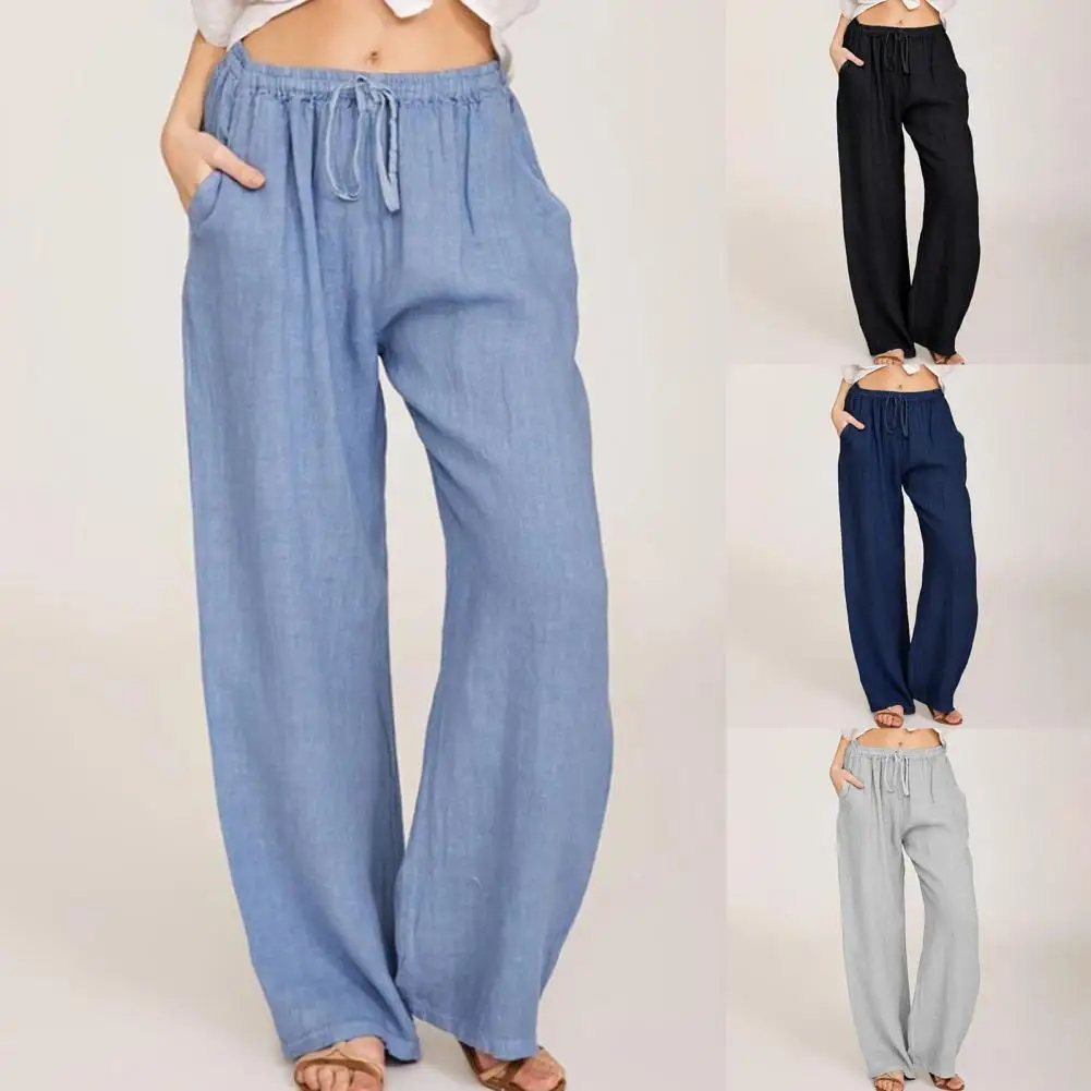 

2021 Women Wide Leg Pants Summer Thin Pants Solid Color Pockets Thin Solid Color Women Trousers for Sports Long Trousers 3XL