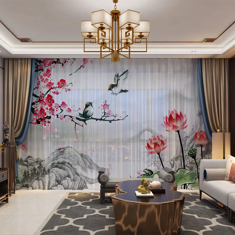 

Landscape Chinese Style 3D Customized Photo Curtains Natural Drape Panel Sheer Tulle Curtains For Living Room Door Bedroom