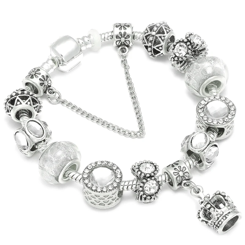 Queen Women Jewelry Silver Plated Charm Bracelet Bangles With Crown Beads & Pendant Snake Chain Brand Anniversary Gift|Браслеты с