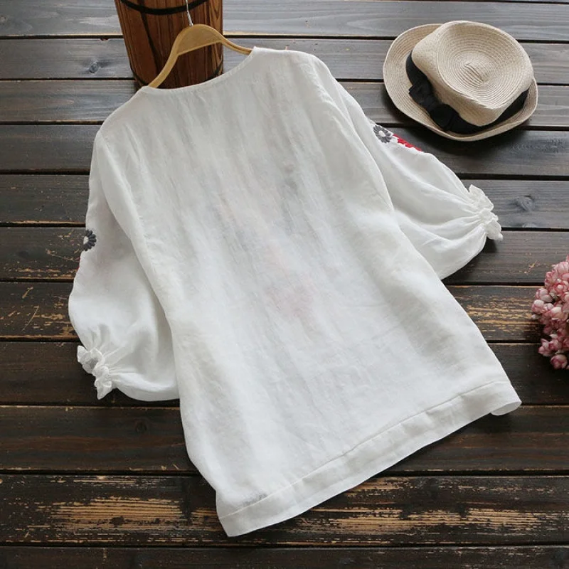 

2019 Summer Casual Vintage Womens White Embroidery Lantern Sleeve Loose Linen Blouse Shirt Top , 4xl Tops and Shirts for Women