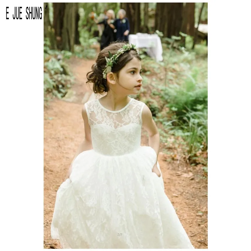 

E JUE SHUNG Simple Lace Flower Girl Dresses For Wedding Scoop Neck First Communion Dresses Zipper Back A Line Pageant Gowns