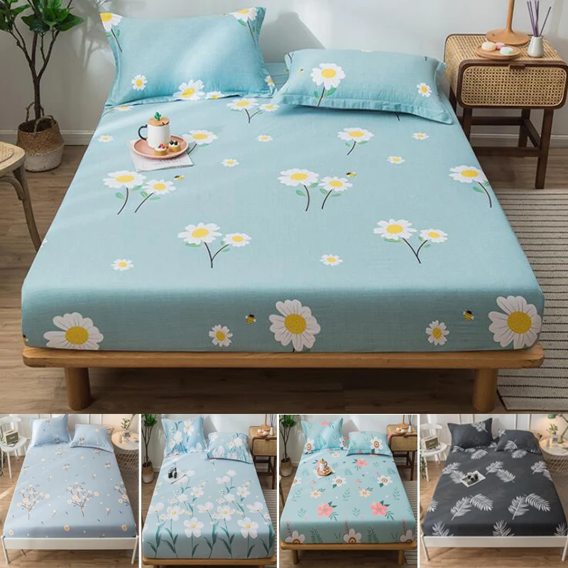

1pc Floral Fitted Sheet With Elastic Band Bed Sheet Mattress Cover Eco Printed 120/150/180x200cm 100% Cotton Without Pillowcases