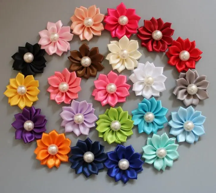 Атласная лента 10 шт./лот цветы с жемчужным центром миниатюрный цветок для одежды