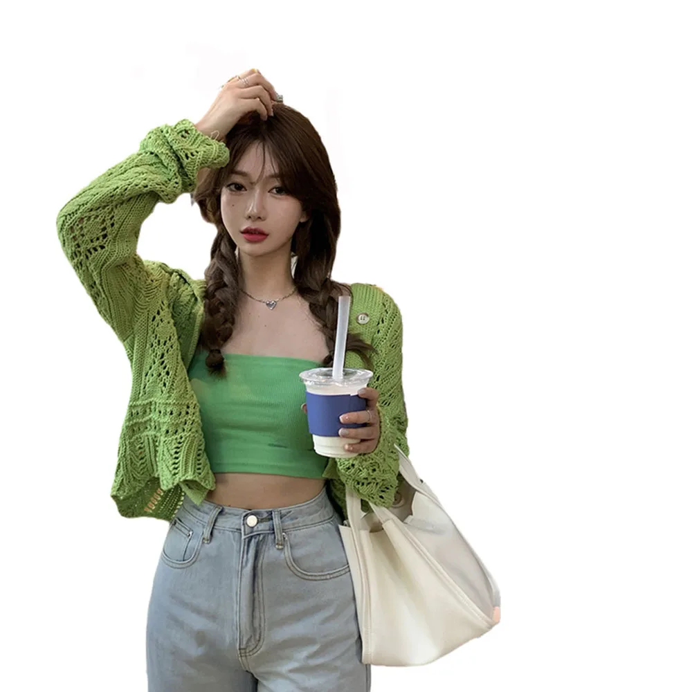 

Fashion Hollow Out Knitted Cardigan for Women Harajuku Style Long Sleeve Green Sweater Short Coats Tops Female Clothes Knitwear