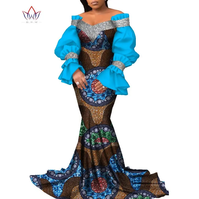 Bintarealwax Sexy Puff Sleeve Party Dress Elegant Africa Wax Print Vintage Dresses Women Strapless Floor- length Dress  WY8799