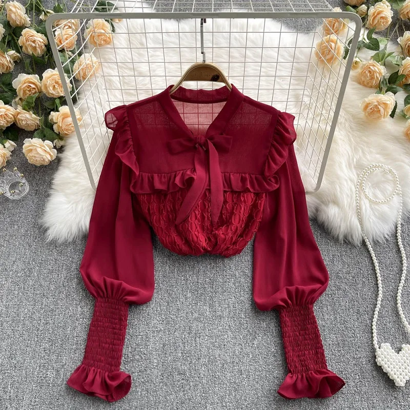 

Осень 2021 французская шикарная блузка в новом стиле Женская кружевная блузка с оборками и бантом Рубашка с рукавами-фонариками KK1583