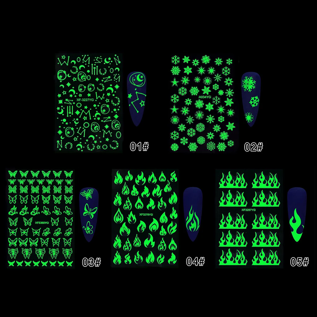 

5 Sheets Luminous DIY Nail Art Stickers Tips Decoration Decals Stencils Butterfly Flower 3D Tips Nail Art Transfer Stickers