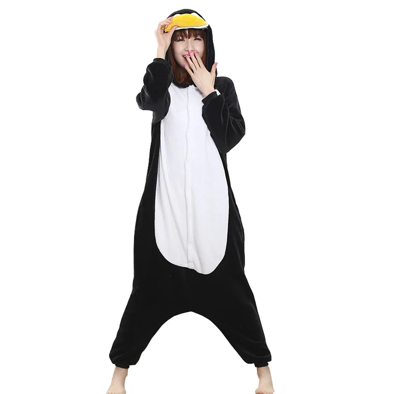 Зимняя Пижама Пингвин кигуруми комбинезон с животными Черный Забавный Женская