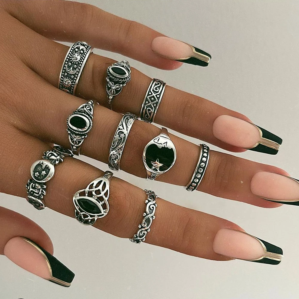 

IFME 10 Pcs Vintage Silver Color Metal Rings Set For Women Black Star Moon Geometric Pattern Rings 2022 Trend Fashion Jewelry