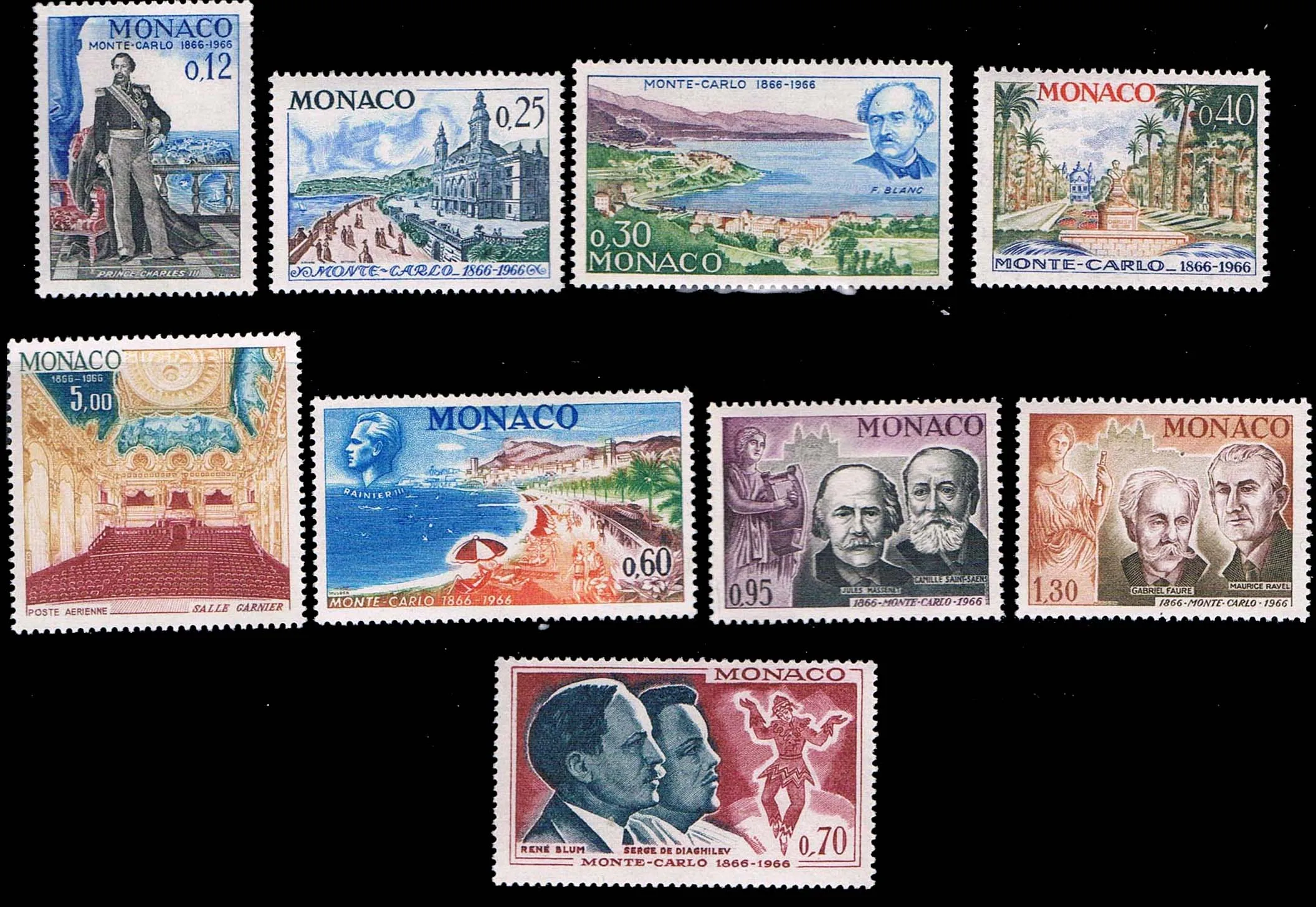 

9Pcs/Set New Monaco Post Stamp 1966 Centennial Construction of Monte Carlo Sculpture Stamps MNH