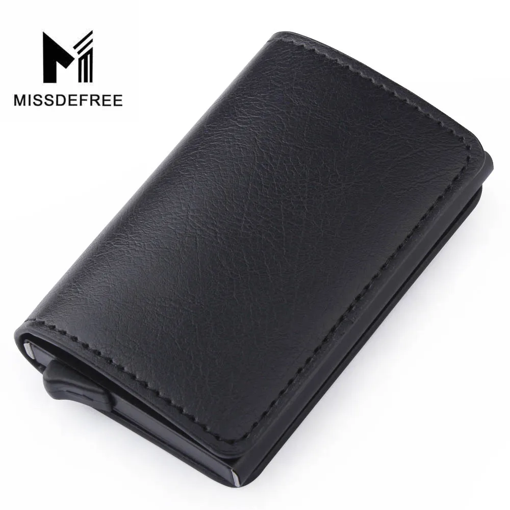 Black Leather Wallet Алюминий бумажник с заднего кармана ID Card Holder RFID Блокировка мини-тонкий металлический кошелек автоматические всплывающие Кредитная карта монет кошелек - Цвет: Black Leather Wallet