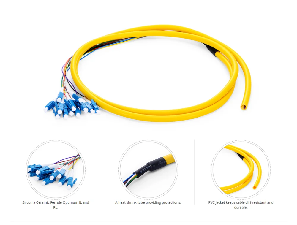 10Pcs/Lot 1.5m (5ft) LC UPC 12 Fibers OS2 Single Mode Bunch PVC (OFNR) 0.9mm Fiber Optic Pigtail