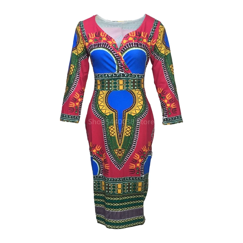 

African Dresses for Women Dashiki Print V-neck Ladies Clothes Sexy Bodycon Tribal Ethnic Bazin New Year Party Streetwear Elastic