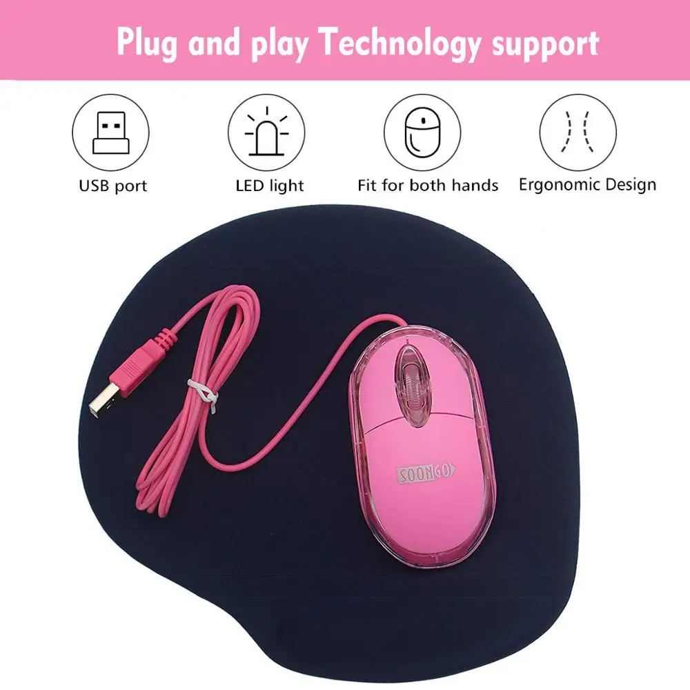 

SOONGO Wired Mouse Mini Optical Mouse USB Pink Children Mice LED Light DPI 1000 Ergonomics for Women Desktop Laptop PC Raton