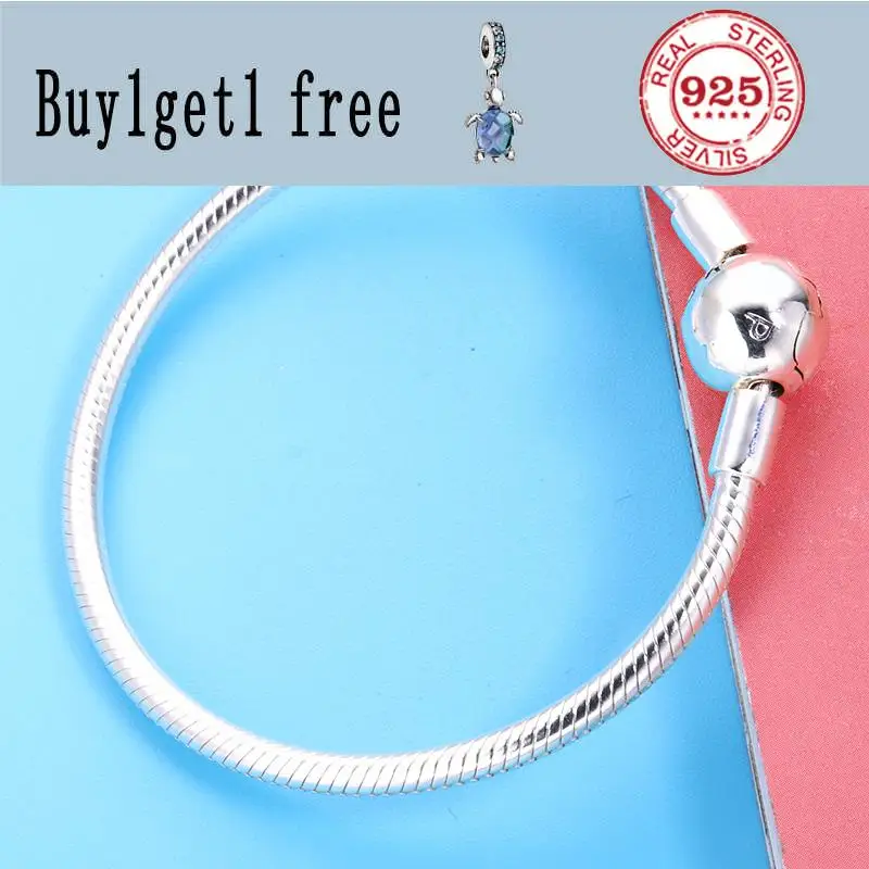 

925 Sterling Silver Moments Smooth Ball Clasp Snake Chain Basic pan Bracelet Bangle Fit Bead Charm DIY Jewelry