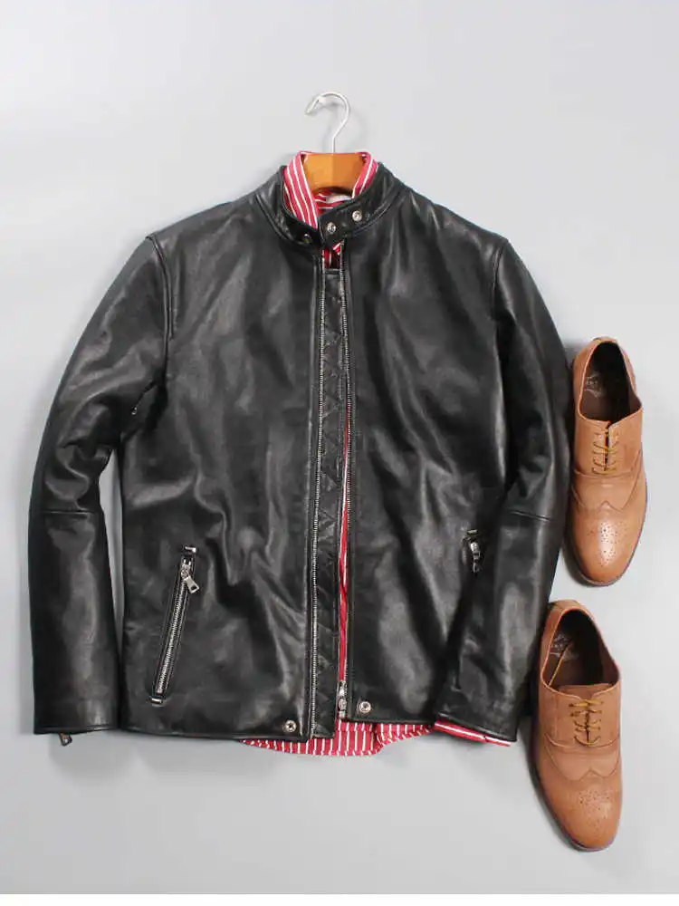 

Мужская приталенная куртка из натуральной кожи, Черная байкерская куртка из натуральной кожи с воротником-стойкой, весна-осень