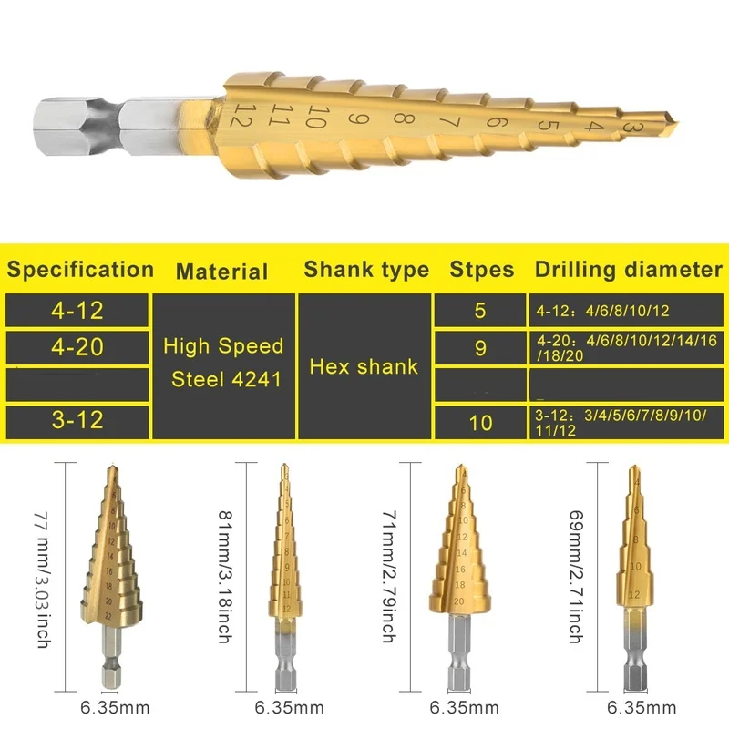 3-12mm 4-12mm 4-20mm HSS Straight Groove Step Drill Bit Metal High Speed Steel Wood Hole Cutter Cone Woodworking Tools | Инструменты