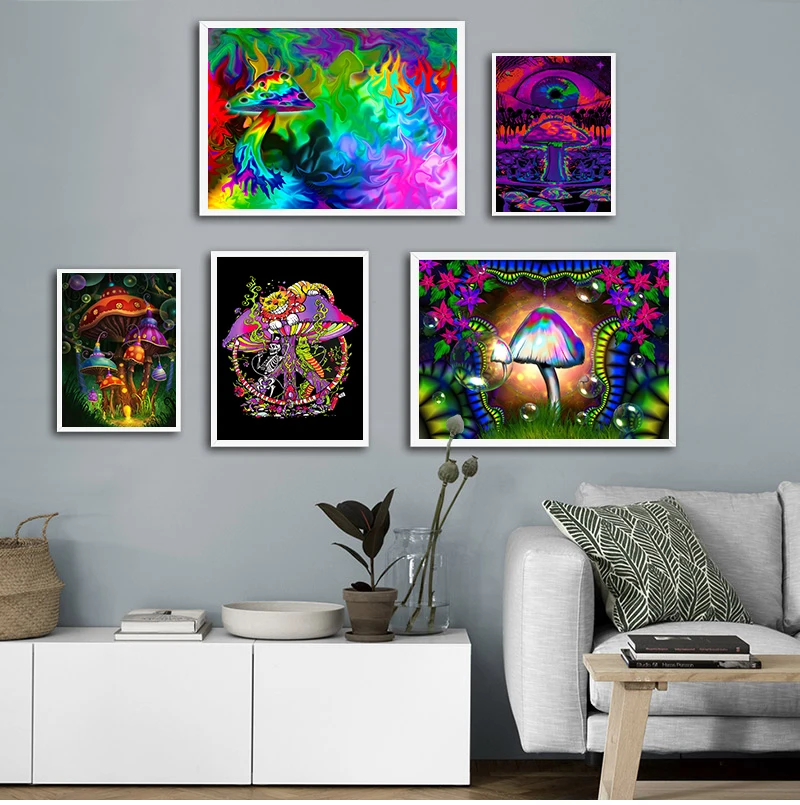 

Trippy Visual Mushroom Mind Education Posters and Print Psychedelic Magic Black light Wall Art Canvas Painting bilder cuadros
