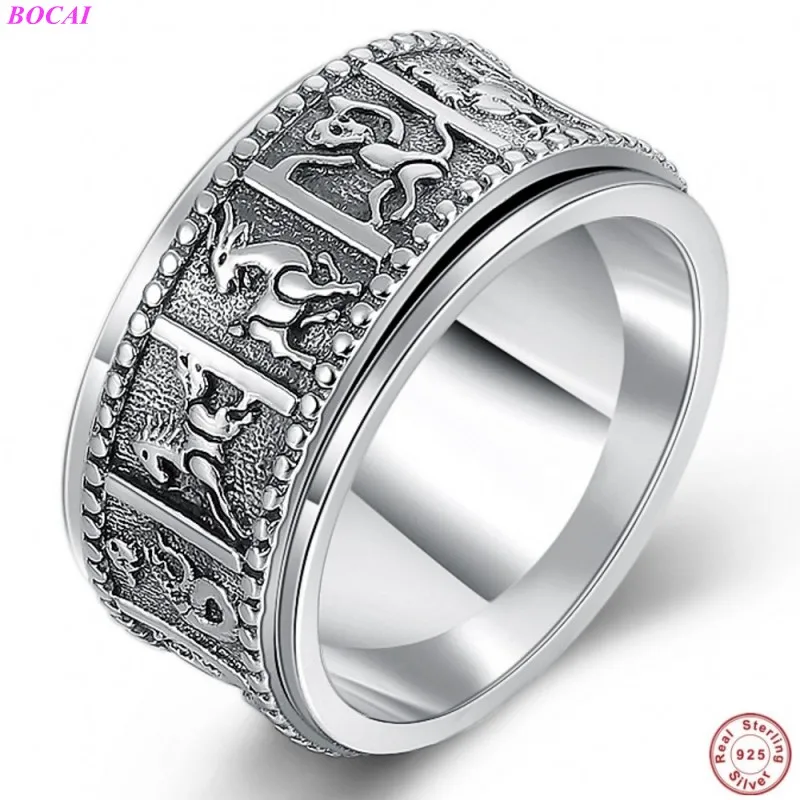 

BOCAI S925 Sterling Silver rings Thai silver twelve zodiac rings 2020 new fashion rotating pure silver ring for men and women