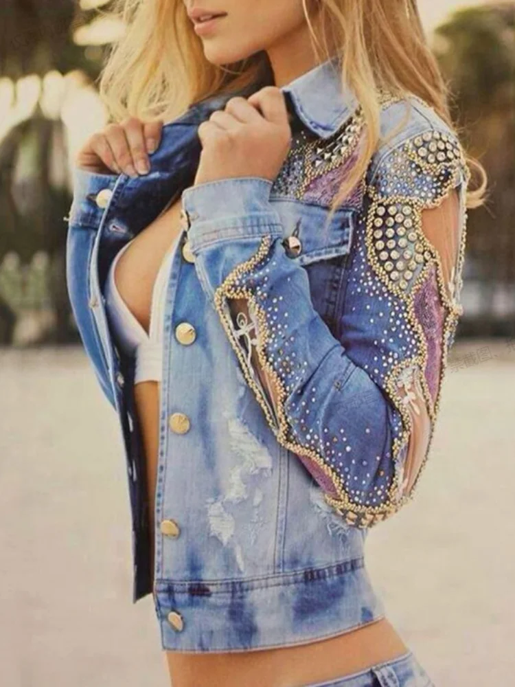 

Fashion Women Hollow Out Coat Printed Jean Denim Jacket Plus Size Sexy Jackets Rivet Embroidery Stitching Mesh S-4XL