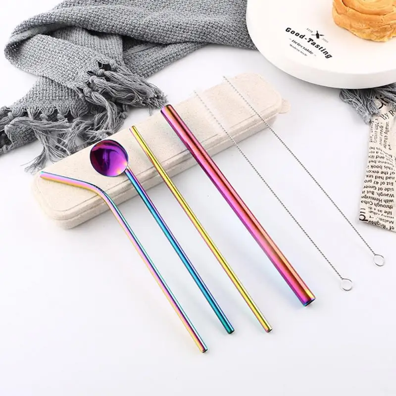 

4pcs Metal Reusable 304 Stainless Steel Straws Straight Bent Drinking Straw With Case Cleaning Brush Set Party Bar Accessory