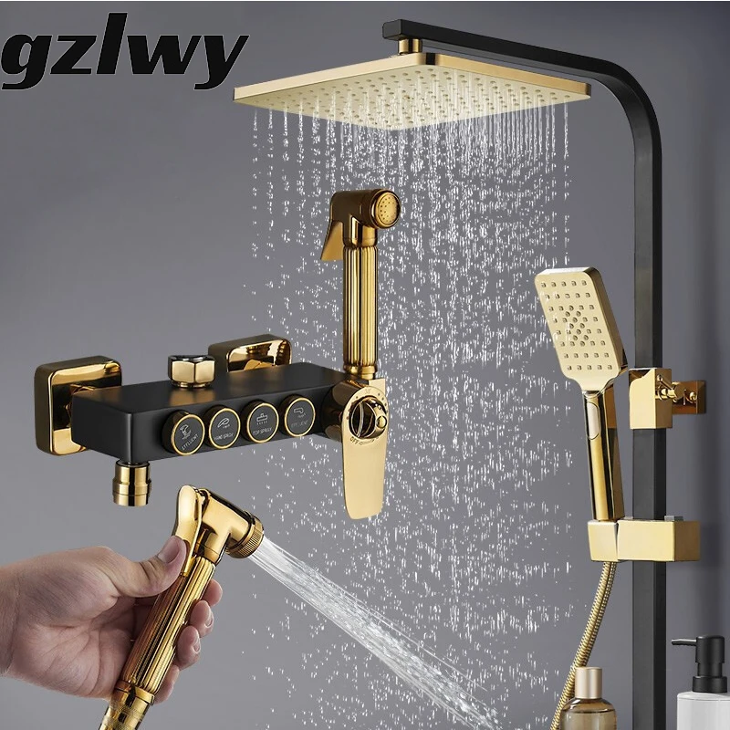 

Golden Thermostatic Brass Wall Mount SPA Rainfall Shower Holder Hot/Cold Mixer Crane System Bathroom Bathtub Taps Bidet Faucets