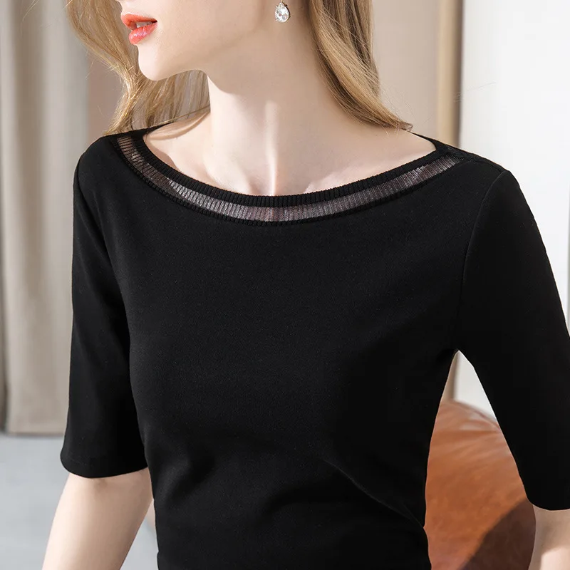 

Mid sleeve T-shirt women's early autumn new women's cotton T-shirt half sleeve shoulder care machine design top