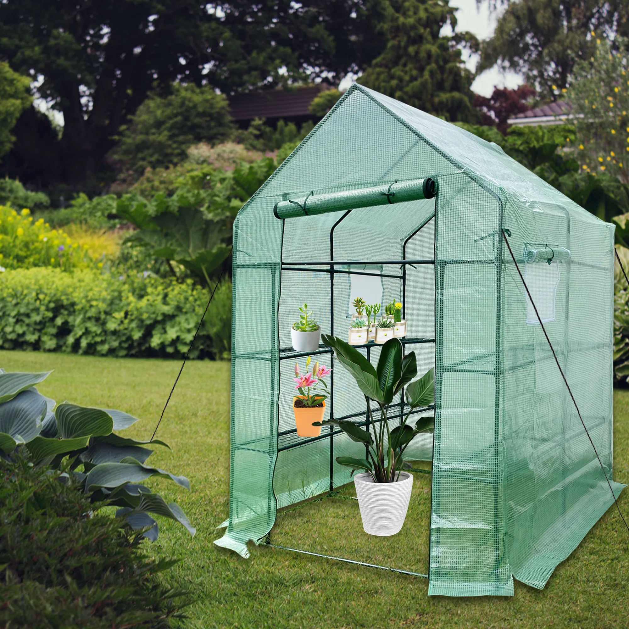 

Green House Walk in Outdoor Plant Gardening Greenhouse 56" W x 56" D x 76" H 2 Tier 8 Shelves Window and Anchors Green[US-Stock]
