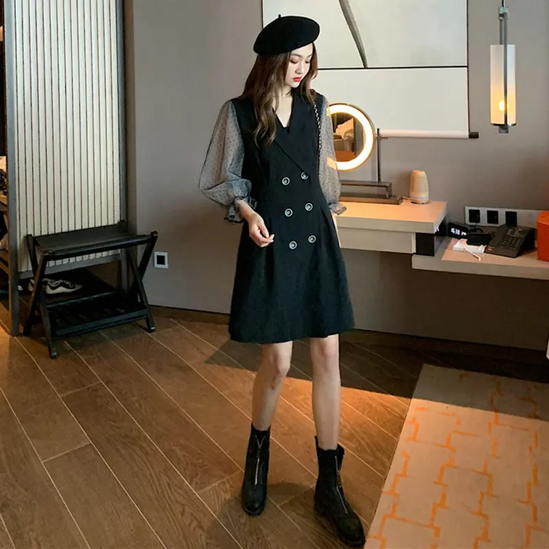 

Korean Style Women Black Dresses Spring Notched Collar Double-Breasted Design Polka Dot Gauze Petal Sleecve Knee Length Dress