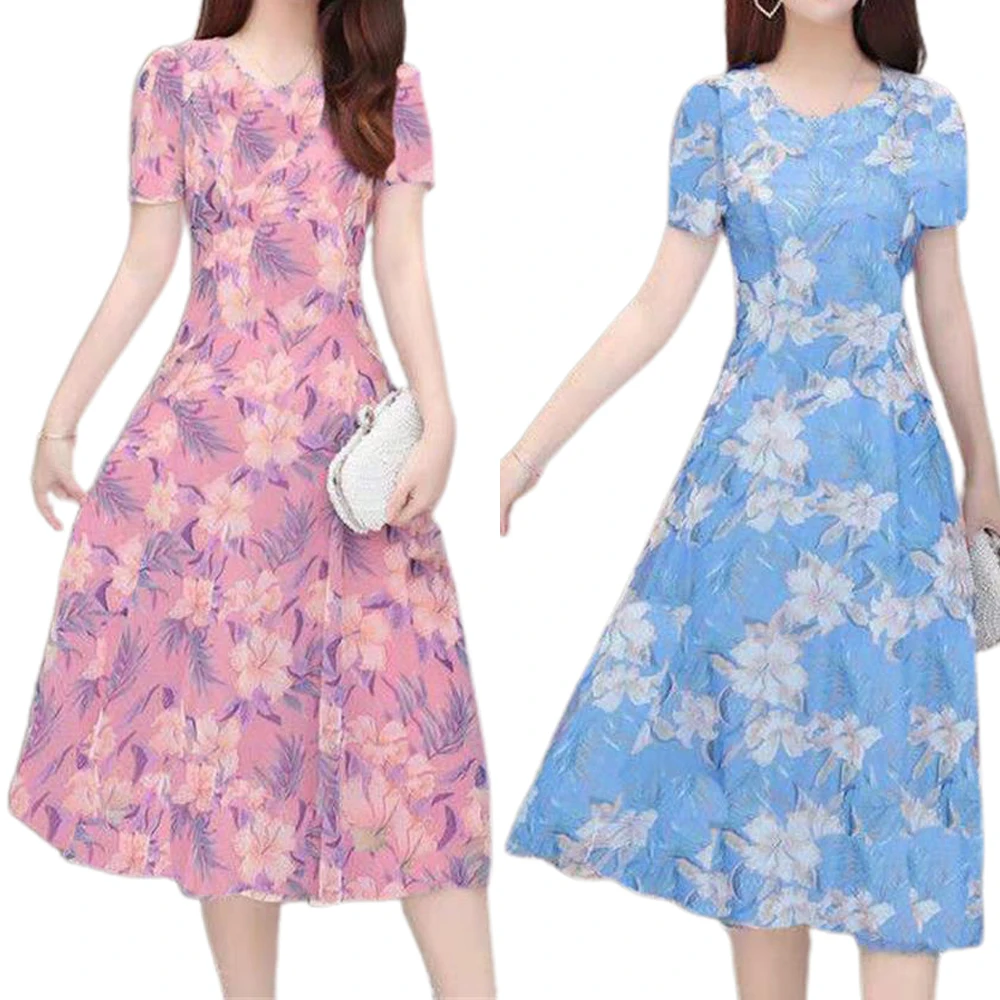 

Dress with Floral Pattern A-lined Casual Summer Dresses for Women Elegant Short Sleeve Summer Female Dress Puls Size Lady Dress
