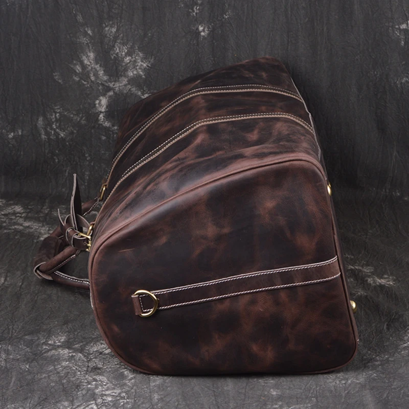 Мужская кожаная спортивная сумка ROCKCOW черная вместительная ручной работы для