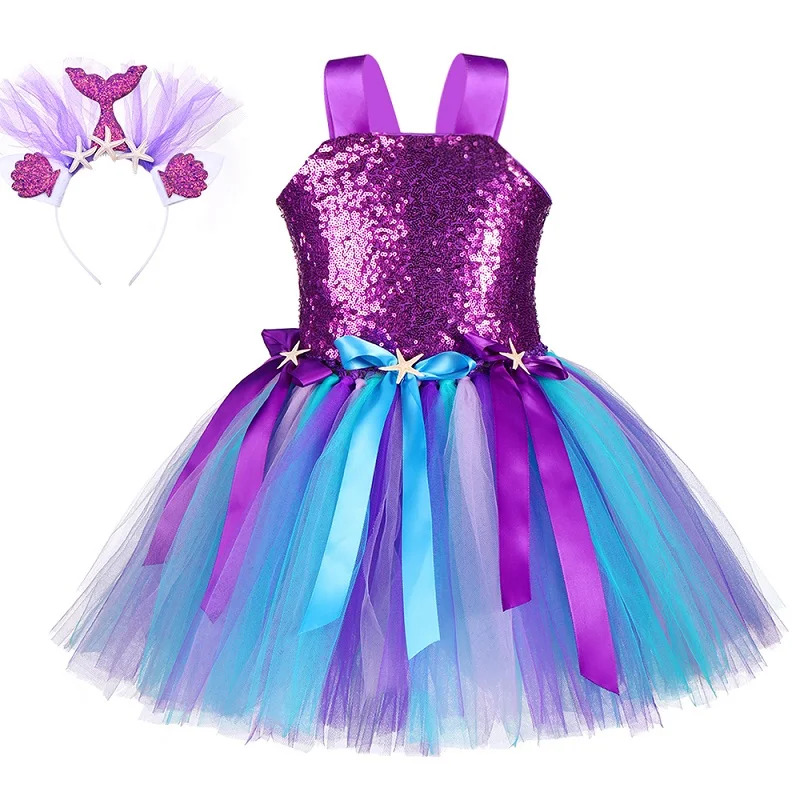 Dress and Headband Фиолетово-синяя юбка-пачка в стиле Русалочки с блестками, платье с рисунком морской звезды, платье принцессы для девочек, костюм для вечеринки на Хэллоуин, день рождения - Цвет: Dress and Headband