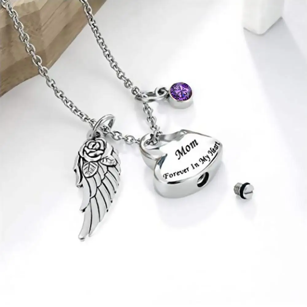 Stainless Steel Heart Cremation Urn Necklace with Angel Wing and Birthstones Ashes Jewelry Memorial Pendant- Forever in My | Украшения и