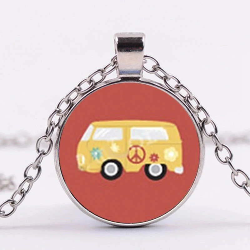 

2021 New Hippie Peace Sign Van Bus Necklace Fashion Men And Women Car Necklace Ring Stand Jewelry