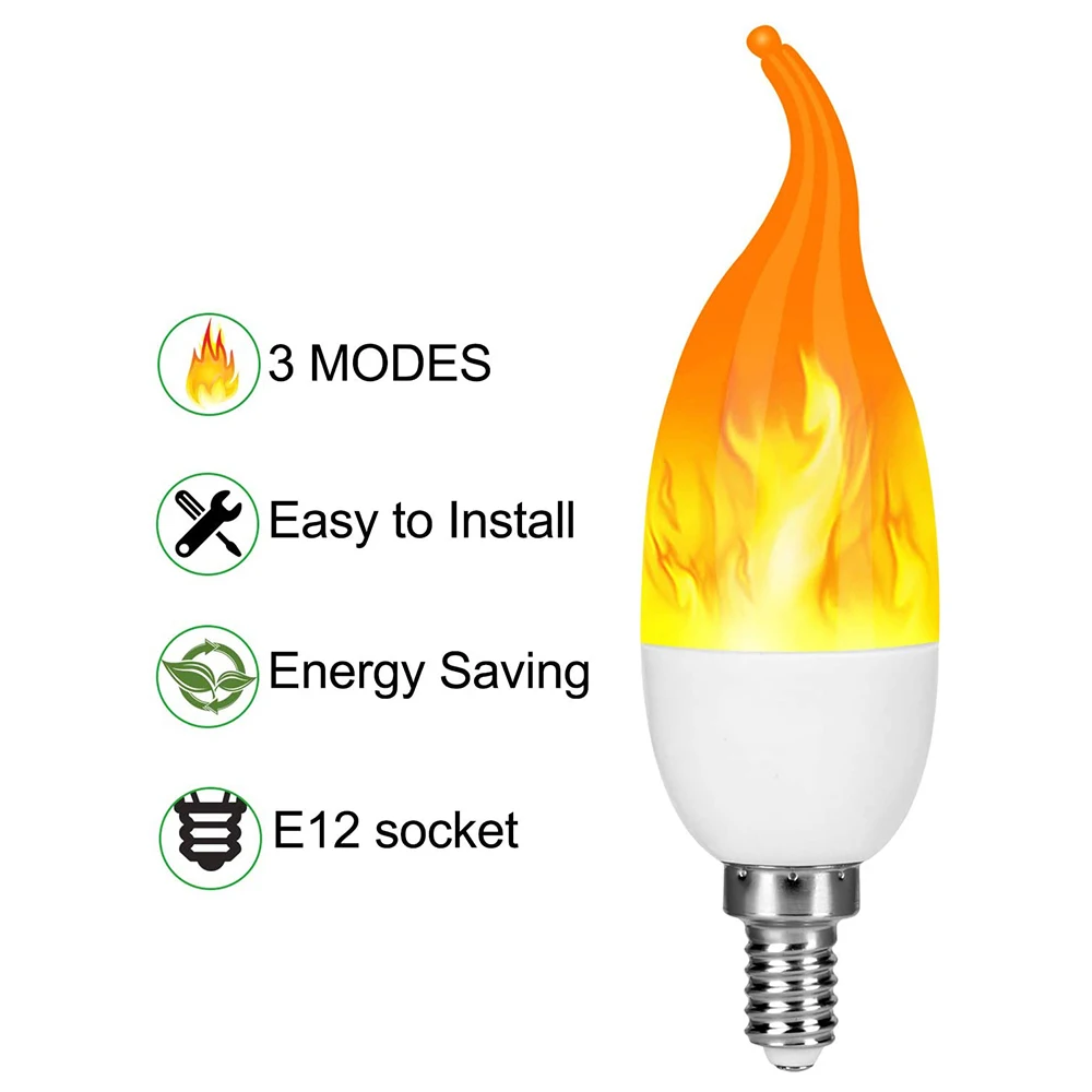 LED Flame Flickering Bulb Fire Emulation Light E14 E12 Candle Lamp 3 Modes Lighting Creative Atmosphere Home Decor D30 | Лампы и