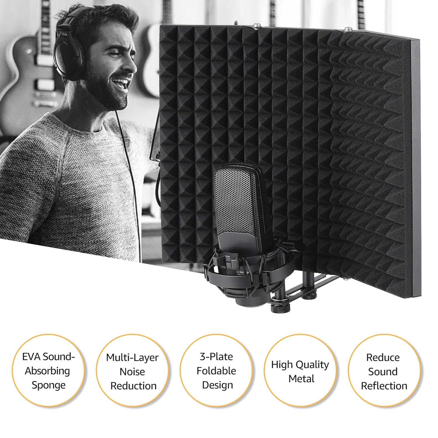 

Professional Studio Recording Microphone Isolation Shield Pop Filter Microphone with Foam Sound Absorbing Recording Equipment