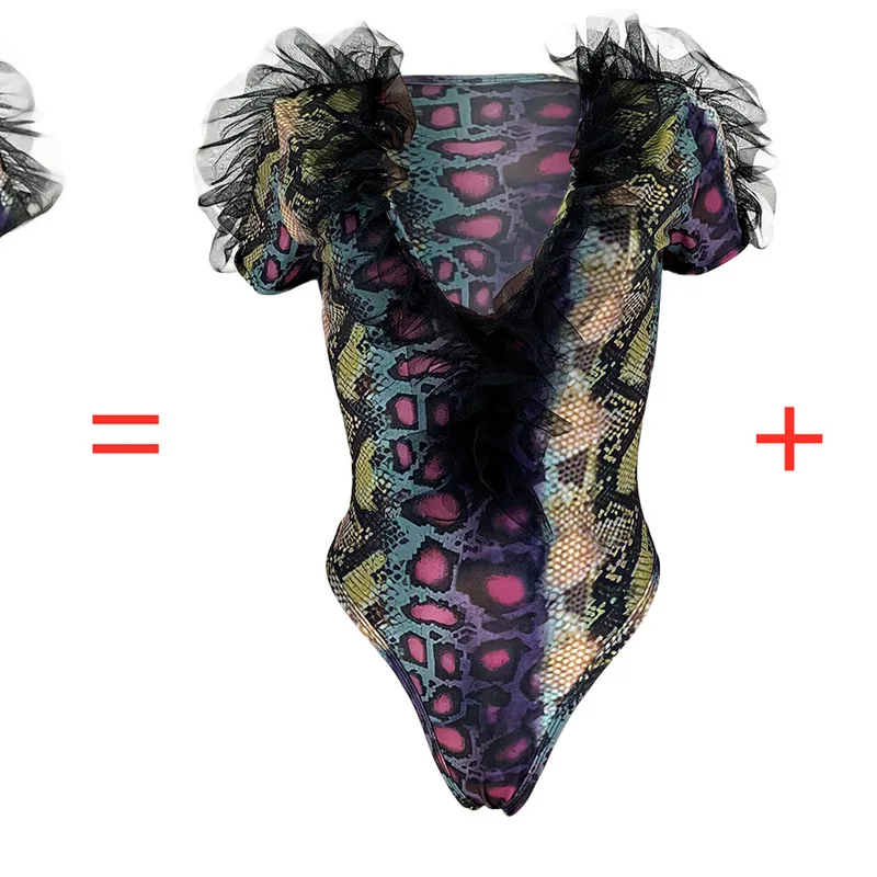 

2020 New Women Two-piece Set Sexy Deep V-neck Mesh Snake Print Two Piece Outfits