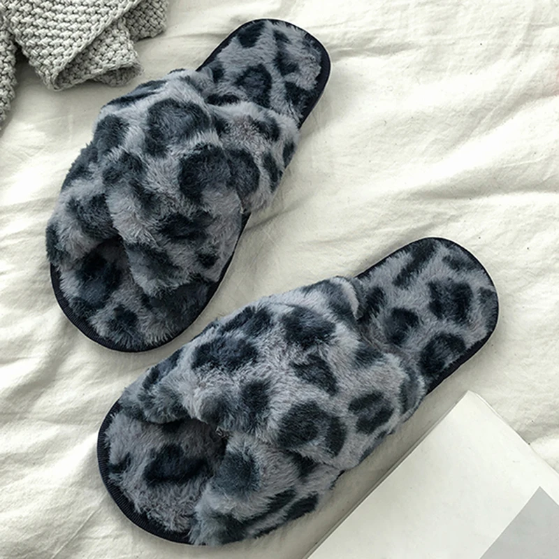 

Womens Plush Slipper Home Womens Leopard Pattern Slipper With Faux Fur Indoor Anti-slip comfortable Winter Warm Slipper