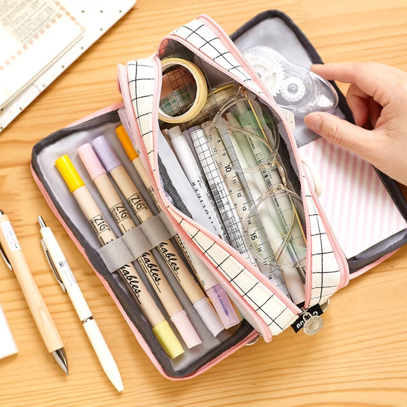 Милый тканевый чехол карандаш в клетку многослойный Большой Вместительный