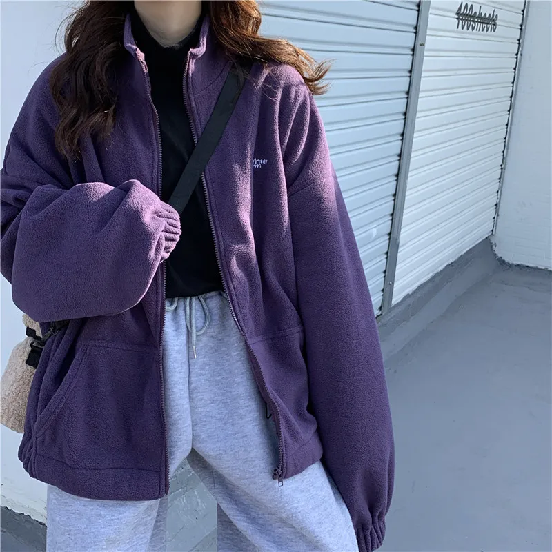 

Women Zipper Pocket Jackets Letter Printed Long Sleeve Loose Lapel Jackets Plus Velvet Casual Autumn Winter Street Sweatshirts